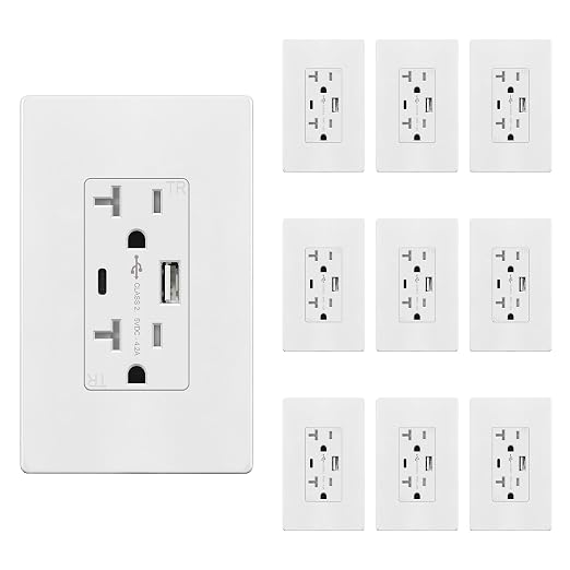 TOPGREENER USB Outlet, 4.2A Type C USB Wall Outlet, 20 Amp Tamper-Resistant Receptacle Plug, USB Receptacle with 2 Ports, Wall Plate Included, UL Listed, TU22036AC-W-10PCS, White, 10 Pack