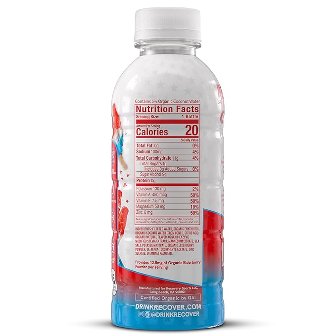 RECOVER 180 Organic Sports Hydration Drink, No Sugar Added, 20 Calorie Sports Beverage, Organic Flavors With Vitamins, Potassium-Packed Electrolytes (16.9 Fl Oz (Pack of 12), Rocket Pop)