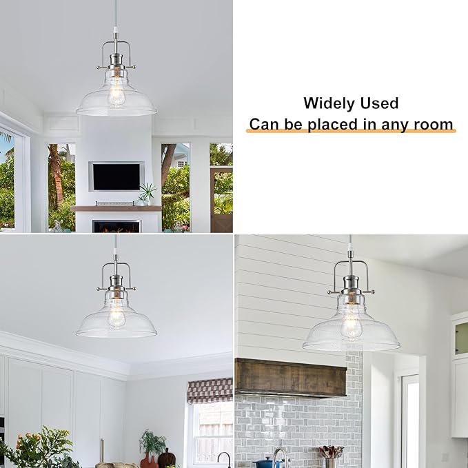 WILON Seeded Glass Pendant Lights,11 Inch Sand Nickel Pendant Lights Kitchen Island with E26 Base Vintage Hanging Ceiling Lamp for Kitchen Sink Hallway Dining Room Entry Hall(Sand Nickel Color)