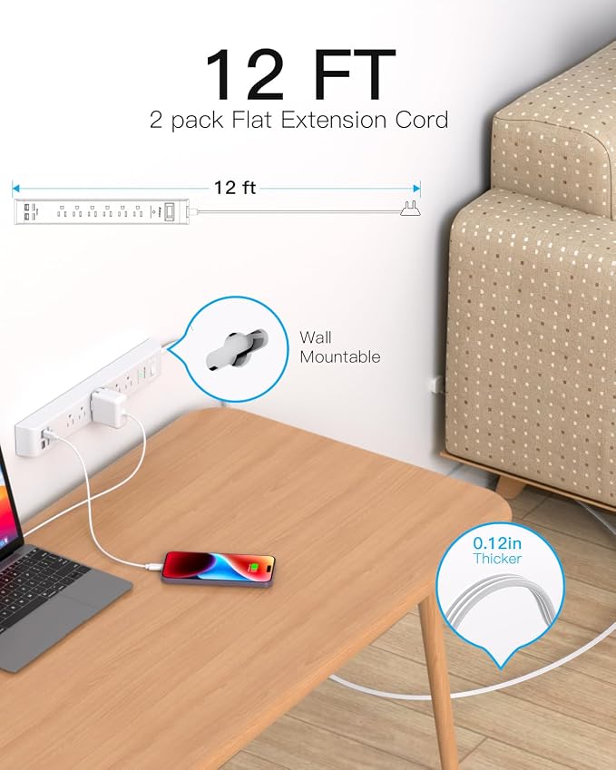 2 Pack Long Extension Cord, 12FT Power Strip Surge Protector with 6 Outlets and 4 USB Ports (2 USB C), Extension Cord with Multiple Outlets, Flat Plug Overload Protection, Wall Mount for Dorm College