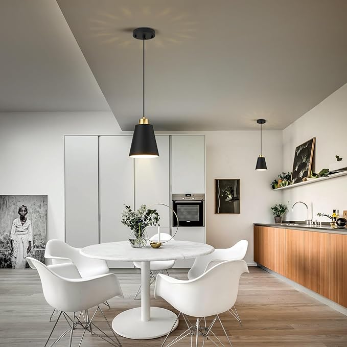 Matte Black Mini Pendant Light 7.87in Cone Kitchen Island Pendant Lighting with Gold Modern Hollow Shade Hanging Light Fixture for Kitchen Dining Room Bar 63" Adjustable Cord, 1 PCS