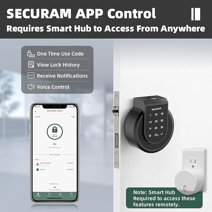 SECURAM Smart Lock Touch - Fingerprint & WiFi Smart Door Lock, Keyless Entry with App Control, Bluetooth Electronic Deadbolt, Compatible with Alexa & Google Home, Keypad Code, Black
