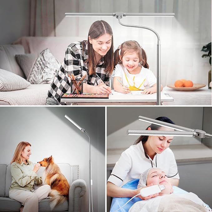Bright Floor Lamp, 18W/2000LM Silver LED Floor Lamp with Double Head, Adjustable Gooseneck Dimmable Craft Light for Sewing Tatoo Puzzle，Eye Caring Reading Lamps for Living Room Bedroom Office