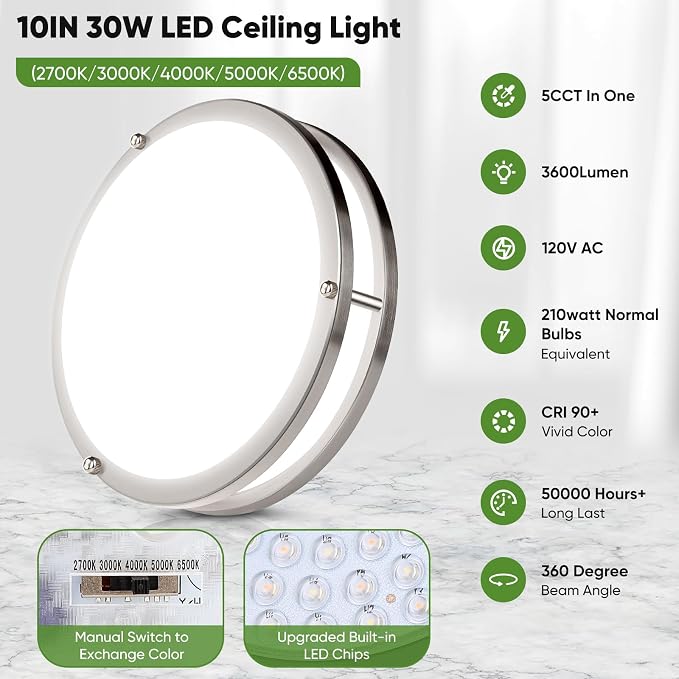 TOBUSA 2-Pack 10inch Bathroom Light Fixtures Ceiling Mount, 30W 3600lm Super Bright LED 2700K/3000K/4000K/5000K/6500K Adjustable Dimmable Kitchen Hall Ceiling Lamps, Brushed Nickle
