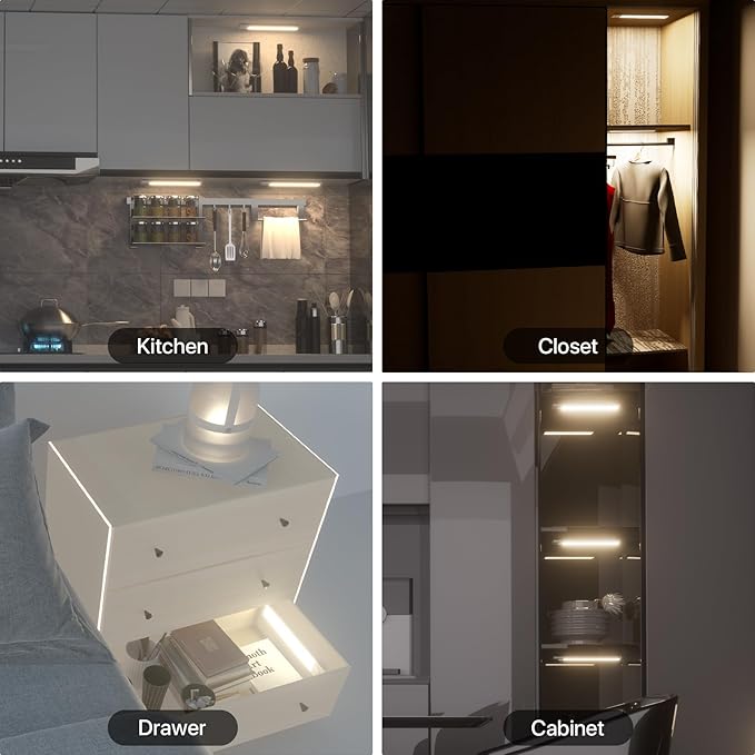 ORALUCE Under Cabinet Lighting Rechargeable Magnetic, 8inch LED Motion Sensor Light Indoor Battery Operated 3 Color Dimmable, Wireless Closet Lights for Kitchen Counter Stairs, 4 Pack