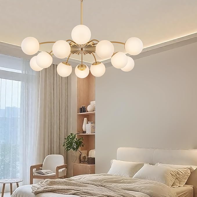 12-Light Milk Glass Pendant Light, 40" Sputnik Bubble Glass Chandelier Light Fixture, Hand Blown Semi Flush Mount Ceiling Chandeliers Lighting for Dining Room, Living Room (Gold, 12-Light Chandelier)