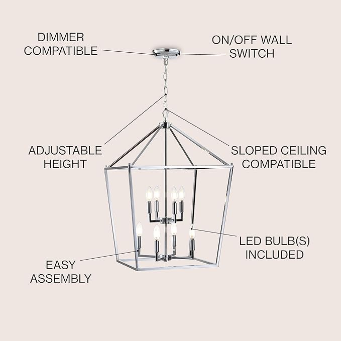 JONATHAN Y 20" Chrome Lantern Pendant Light, 1-Light Pagoda Style Metal Cage Farmhouse Hanging Ceiling Fixture for Kitchen Island, LED Bulb Included (JYL7438C)