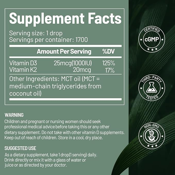 Vitamin D3 K2 Drops - 1000 IU Vitamin D + 20mcg K2(MK-7), 1.69 Fl Oz(1700 Servings), with MCT Oil, Supports Bone, Immune, Heart & Teeth Health, Third-Party Tested, Vegan, Non-GMO, Gluten Free