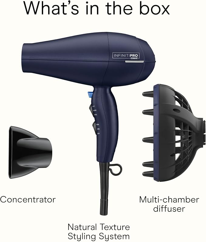 Infiniti PRO CONAIR Hair Dryer with Innovative Diffuser, Enhances Curls and Waves While Reducing Frizz, Dark Blue (Pack of 2)