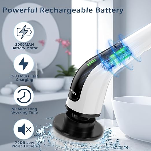 Bomves Electric Spin Scrubber, Cordless Cleaning Brush Scrubber for Home, Multi Replaceable Brush Heads-90Mins Work Time, 3 Adjustable Size, 2 Speeds for Bathroom Shower Bathtub Glass Car