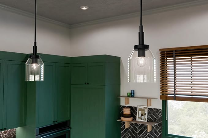 Kichler Madden 1-Light Mini Pendant Light with Clear Glass in Black, Modern Kitchen Island Hanging Light Fixture for Bathroom or Kitchen, Sloped Ceiling Compatible (15" x 7"), 52725BK