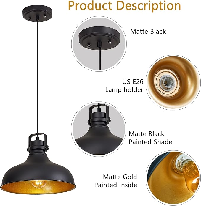 Black Farmhouse Pendant Lights Matte Pendant Lighting for Kitchen Island Industrial Adjustable Height Vintage Dome Hanging Light Fixtures for Barn, Dining Room 3 Packs