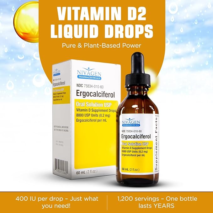 Nivagen Vitamin D2 Liquid Drops 8,000 USP (Ergocalciferol) | 400 IU per Serving | 2 Drops Once Daily | 1,200 Servings, 60ml (2 fl. oz) | Faster Absorption | Bone, Muscle & Immune Support | Made in USA