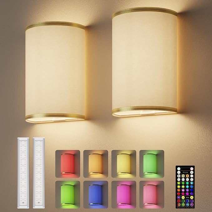 EZVALO Battery Operated Wall Sconce, Wireless Wall Sconces Set of Two with Remote, 3 Color & 80 RGB Rechargeable Wall Lights, Dimmable, Timer, Fabric Linen Shade Wall Decor for Bedroom (White)
