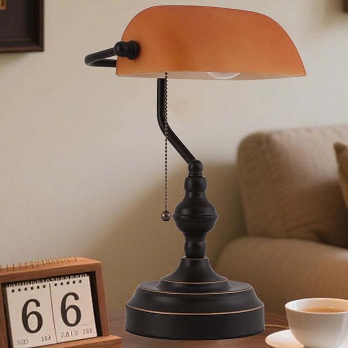 Bankers Desk Lamp with USB A and Type C Charging Port, Vintage Banker's Desk Lamp with Pull Chain Switch, Library Lamp for Office Study Room, Amber Glass Bronze Desk Lamps