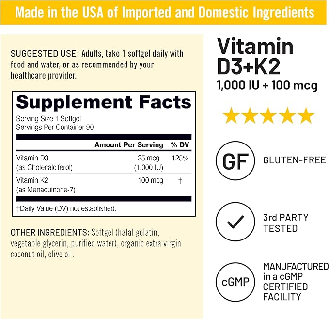 NatureWise Vitamine D3 1000 UI + K2 (MK7) 100 mcg avec Huile de noix de coco extra vierge biologique – Favorise l'absorption du calcium, la santé des os et le système immunitaire – Sans OGM, soja ni gluten – 90 gélules[3 mois d'approvisionnement]