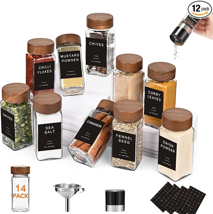 Yangbaga Glass Spice Containers for Kitchen: 14p 4oz Durable Glass Dishwasher Safe Jars for Cooking Enthusiasts- Airtight Acacia lid 500X Open-Close no Loose - Gift/Daily Use for Housewives