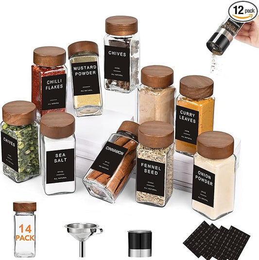 Yangbaga Glass Spice Containers for Kitchen: 14p 4oz Durable Glass Dishwasher Safe Jars for Cooking Enthusiasts- Airtight Acacia lid 500X Open-Close no Loose - Gift/Daily Use for Housewives