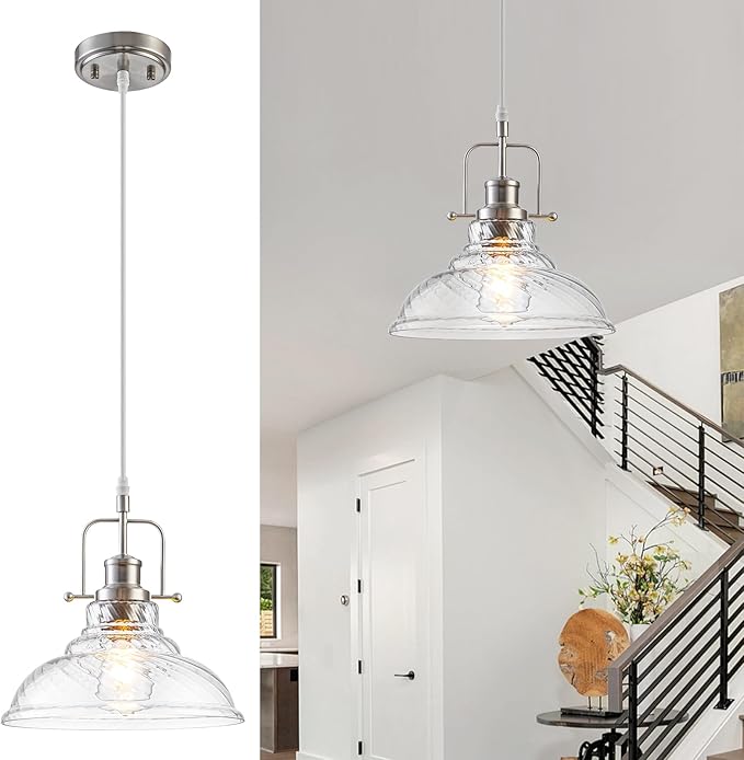 WILON Brushed Nickel Striped Glass Chandelier Pendant Lights Kitchen Island Lighting, Modern Hanging Lamp for Sink Dining Room Over Table Hallway Entryway Bar Foyer Bathroom