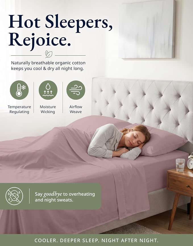 LANE LINEN 100% Organic Cotton Fitted Bed Sheets (+Pillowcase) 3 Pc Set Soft & Comfy Fully Elasticized Mercerized Cotton Deep Pocket Queen Fitted Sheet Fits Mattress Upto 15" Deep - Lilac
