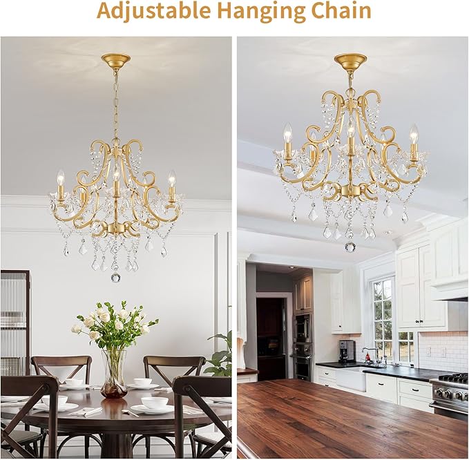 Crystal Chandelier, 5-Light Gold Chandelier for Dining Room Light Fixture, K9 Crystal Pendant Ceiling Light Fixture, Modern Candle Chandelier for Living Room Kitchen Island Entryway Bedroom