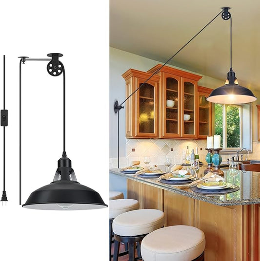 Lomoky Plug in Pulley Pendant Light with 14.76ft Cord On/Off Switch, Industrial Barn Black Hanging Lights with Plug in Cord, Pulley Wall Pendant Lamp for Kitchen Island, Pool Table, Bedroom, 1 Pack