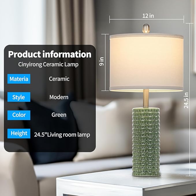 Cinyirong 24.5" Green Ceramic Table Lamps Set of 2, Farmhouse Table Lamps for Living Room, Modern Lamps for Bedroom Night Stands, Traditional Nightstand Desk Lamps(LED Bulbs Included)