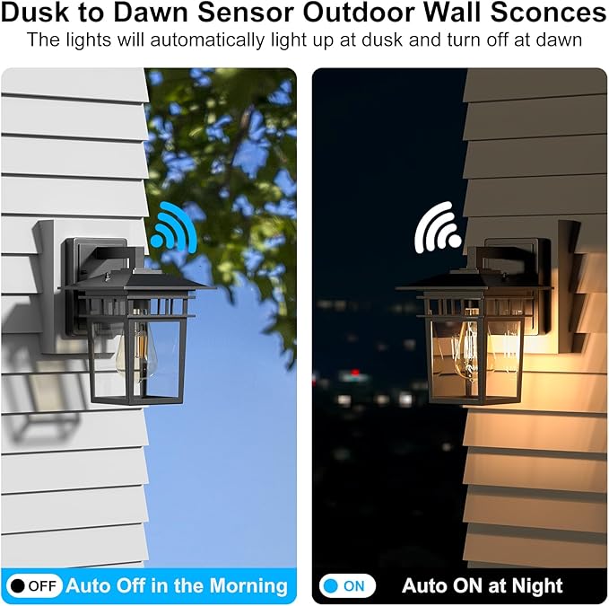 ChangM Outdoor Wall Light Fixtures,Sensor Porch Lights, Outdoor Waterproof Wall Sconce Light Fixture with E26 Base and Glass Lampshade,Black Anti-Rust Aluminium Modern Outdoor Wall Lantern 2 Pack