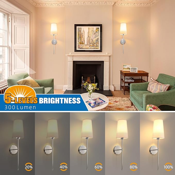 NIORSUN Brushed Nickel Battery Operated Wall Sconce Set of 2,Rechargeable Wall Lights with 10400mAh Dimmable Detachable Bulbs and Remote,9 Colors Wireless Sconces for Bedroom Living Room Hallway