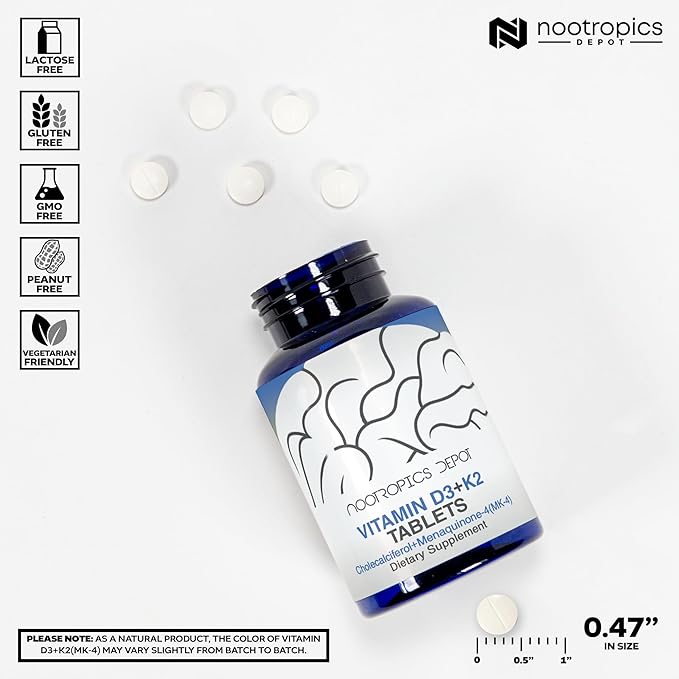 Nootropics Depot Vitamine D3 + K2 avec Comprimés de Vitamine C | 60 unités | Cholecalciferol + Menaquinone-4 (MK-4) | Humeur et Santé Osseuse | Absorption Saine du Calcium