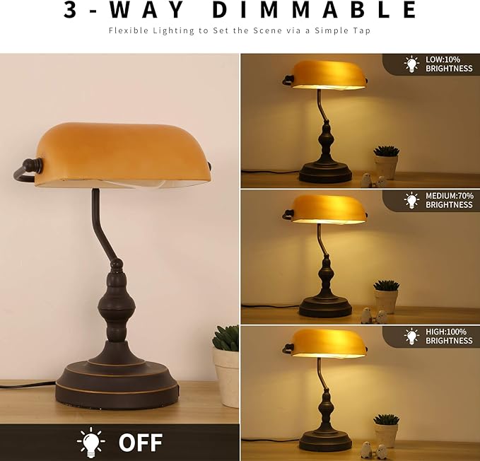 Banker Desk Lamp Touch Control, Vintage Banker's Desk Lamp with USB-A Port, 3 Way Dimmable Desk Lamps, Farmhouse Library Lamp Oil Rubbed Bronze for Office, Study Room