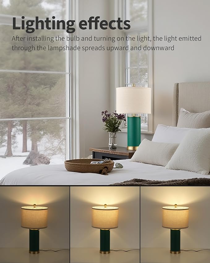 KDG 23.4" Green PU Leather Table Lamps for Living Room Set of 2, E26 Socket Modern Home Decor Fabric Lampshade Desk Lamp Lighitng for Bedroom, Bedside, Farmhouse, Nightstand, Night Light