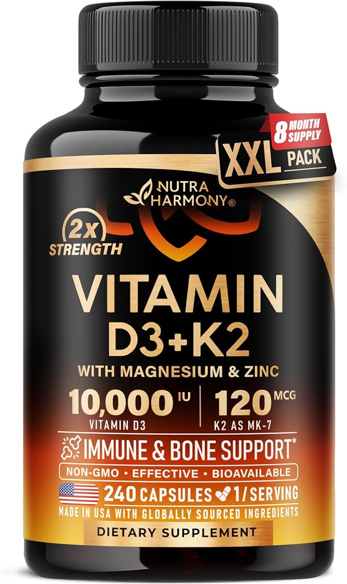 Vitamine D3 K2 - Vitamine D3 10000 UI & K2 sous forme de MK-7 120 mcg - Soutien immunitaire et de l'humeur, pour la santé des os et des dents - avec Magnésium, Zinc et Vitamine C & B12 - Haute biodisponibilité - Fabriqué aux États-Unis, 240 gélules