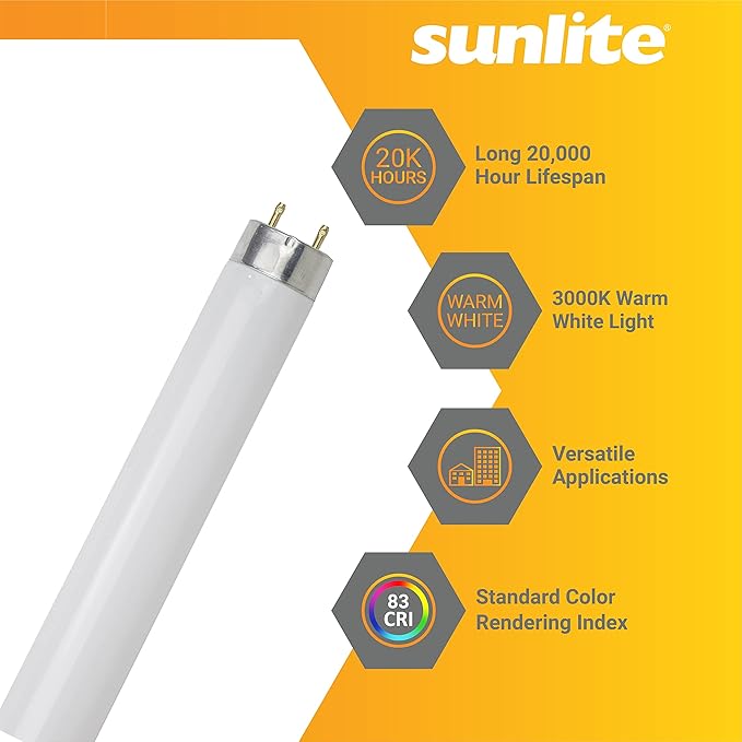 Sunlite F32T8/SP830 T8 Linear Fluorescent Lamp, 32 Watts, 3050 Lumens, 3000K Warm White, Medium G13 Bi Pin Base, High Performance Straight Tube, 30 Pack