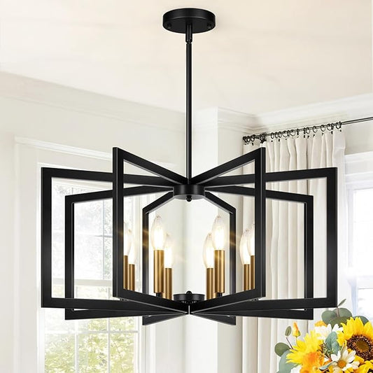25"-61" Height Adjustable Modern Black and Gold Chandelier for Dining Room, No Assembly Required Dining Room Light Fixture Over Table, Industrial Metal Pendant Lights Fixture for Kitchen Island