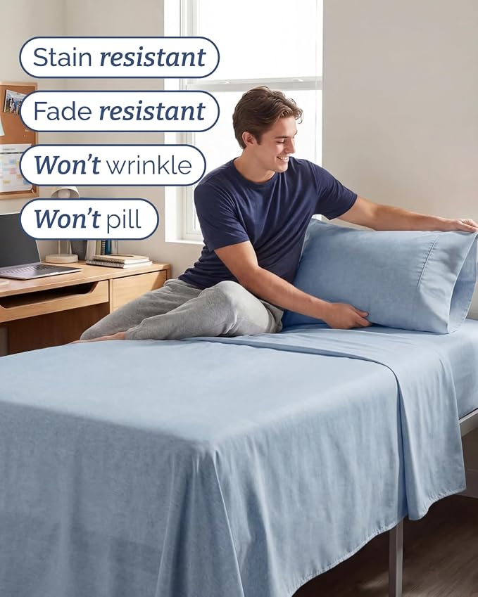 Twin XL 4 Piece Sheet Set - Comfy Breathable & Cooling - Soft Hotel Luxury Bedding Set with 8-16 Inch Deep Pockets - 1 Flat & 1 Fitted Sheet & 2 Pillowcases - Wrinkle Free & Easy Care - Heathered Blue