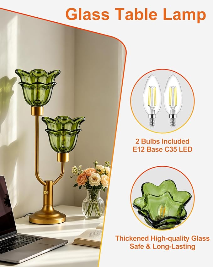 Lightdot Green Glass Flower Table Lamp Dimmable Nightstand Lamp Mid Century Modern Vintage Gold Desk Lamp 2 Bulbs Included Warmwhite Ambient Bedside Lamp for Living Room Bedroom Home Office Decor Gift