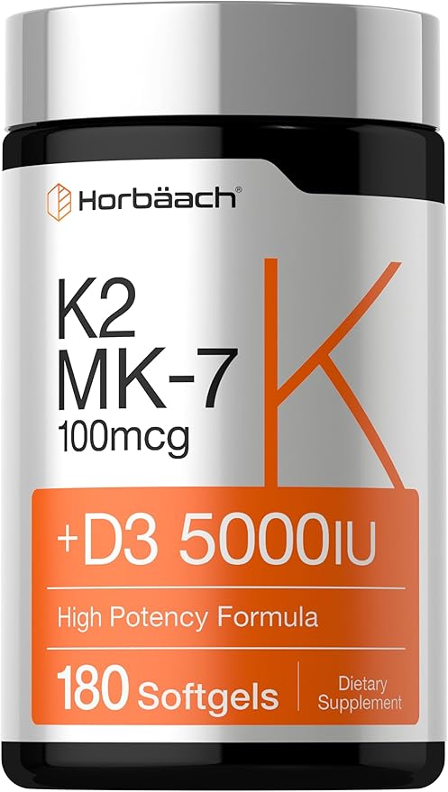 Horbäach ビタミンD3 K2 5000 IU | 100mcg MK-7 コンプレックス | 180ソフトジェルカプセル | 非遺伝子組み換え＆グルテンフリーサプリメント