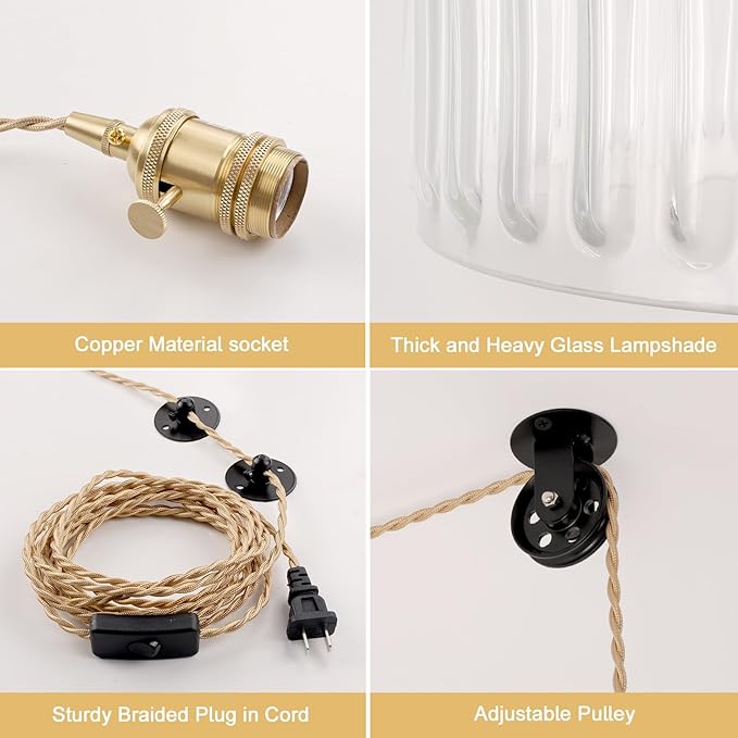 Shenmoyl Plug in Pendant Light Hanging Light Fixture Corded On/Off Switch Brass Pendant Light with Clear Striped Glass Lampshade for Bedroom Living Room Kitchen Island