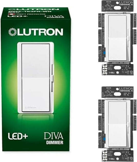 Lutron Diva LED+ Dimmer Light Switch for Dimmable LED, Halogen, and Incandescent Bulbs, 150 Watt, Single-Pole or 3-Way, DVCL-153P-WH, White (2-Pack)