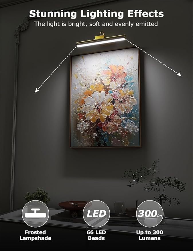 13" Aluminum Wireless Picture Lights for Wall, 5000mAh Rechargeable Battery Operated Wall Art Lighting, Dimmable 3-Color Gallery Painting Light for Pictures On Wall, with Remote/Timer [Gold, 1Pack]