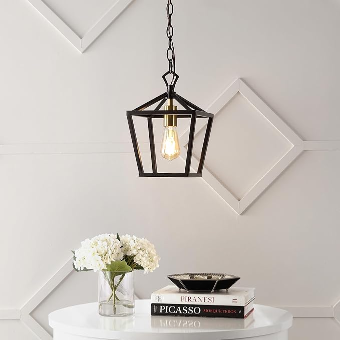 JONATHAN Y 8" Oil Rubbed Bronze/Brass Gold Lantern Pendant Light, 1-Light Pagoda Style Metal Cage Farmhouse Hanging Ceiling Fixture for Kitchen Island, LED Bulb Included (JYL7618C)