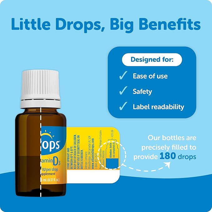 Ddrops Adultes 1000 UI 180 Gouttes, Vitamine D Liquide. Soutient des os solides et le système immunitaire. Pas de grosses capsules, sans conservateurs, sans OGM, hypoallergénique.