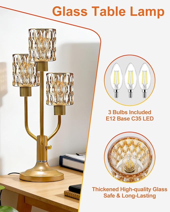 Mid Century Modern Vintage Table Lamp Dimmable Nightstand Lamp Gold Desk Lamp with Brown Glass 3 Bulbs Included Warmwhite Ambient Bedside Lamps for Bedroom Living Room Office Home Decor