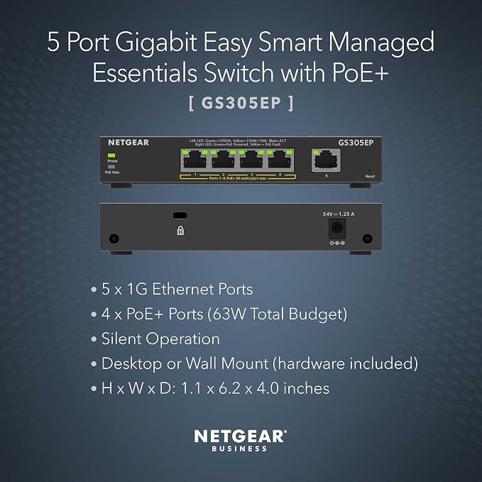 NETGEAR 5 Port PoE Gigabit Ethernet Easy Smart Managed Essentials Switch (GS305EP) - with 4 x PoE+ @ 63W, Desktop or Wall Mount