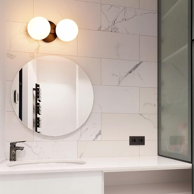 Black Bathroom Vanity Light Fixtures, Modern 2 Lights Globe Wall Sconce Lighting, Porch Wall Mount Light Fixture for Bathroom, Mirror Cabinets Hallway Stairs (Matte Black, 2-Light)