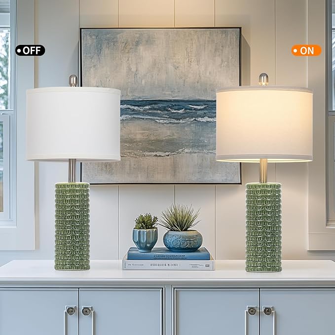 Cinyirong 24.5" Green Ceramic Table Lamps Set of 2, Farmhouse Table Lamps for Living Room, Modern Lamps for Bedroom Night Stands, Traditional Nightstand Desk Lamps(LED Bulbs Included)