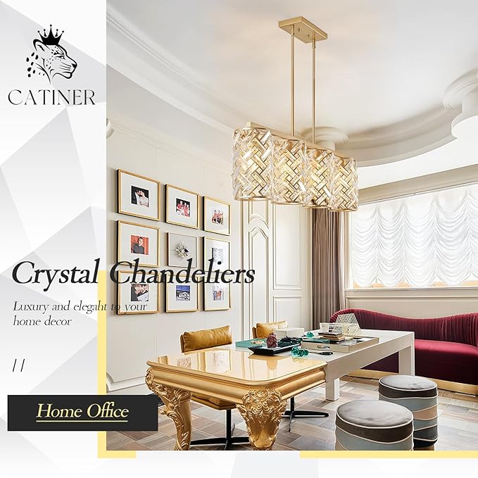 CATINER Gold Crystal Kitchen Island Lighting 40" Modern Linear Chandelier 4 Lights Ceiling Pendant Light Fixture Luxury for Kitchen Dining Room Living Room