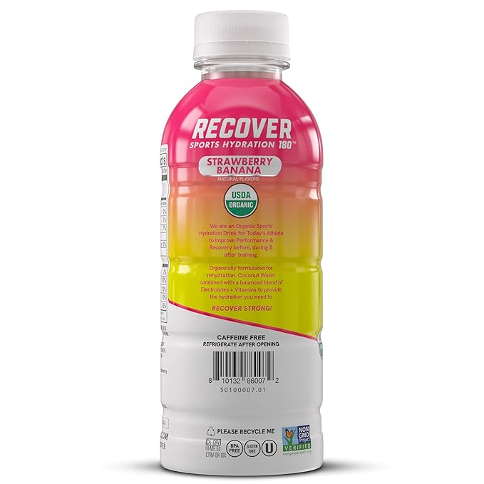 RECOVER 180 Organic Sports Hydration Drink, No Sugar Added, 20 Calorie Sports Beverage, Organic Flavors With Vitamins, Potassium-Packed Electrolytes (16.9 Fl Oz (Pack of 12), Strawberry Banana)