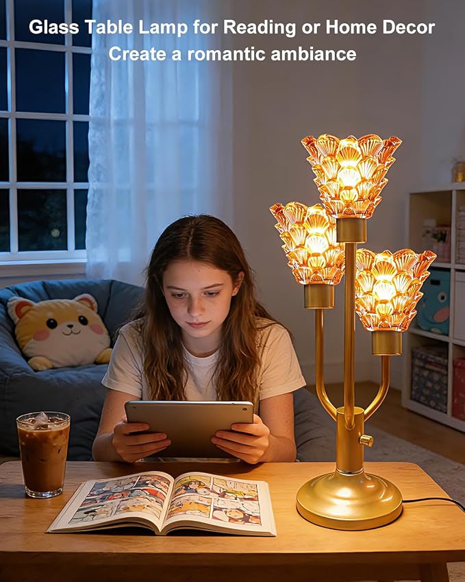 Mid Century Modern Table Lamp Nightstand Lamp Dimmable Gold Vintage Desk Lamp with Brown Glass 3 Bulbs Included Warmwhite Ambient Bedside Lamps for Living Room Bedroom Office Home Decor